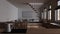 Dark late evening scene, kitchen work top with induction hob and teapot close up. Nordic living and dining room. Sofa and