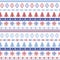 Dark and light blue and red Christmas Nordic pattern with snowflakes, trees , xmas trees and decorative ornaments in scandinavian