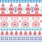 Dark and light blue , red Scandinavian inspired Nordic xmas seamless pattern with elf, stars, teddy bears, snow,christmas trees,