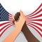 Dark and light skin hand hold hand and USA flag background vector design