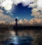 Dark lighthouse under full moon