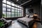 Dark loft master bedroom with large windows apartment in a trendy gray minimalistic interior, Generative