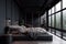 Dark loft master bedroom with large windows. trendy gray minimalistic interior, king-size bed. AI generated image.