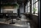 Dark loft restaurant interior with modern furniture and plant, Generative AI