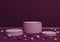 Dark magenta, purple 3D rendering of three podium stands product display with golden lines and colorful marbles for product