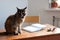 Dark maincoon cat of tortoise color on the table with a book