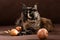 Dark maincoon cat of turtle color with onions