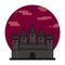 Dark Medieval castle flat icon. Fortress on red bloody sky circle background. Medieval architecture