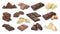 Dark and milky chocolate pieces. Realistic 3D cocoa dessert. Confectionery with nuts, sweet snack assortment. Candies