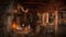Dark moody medieval tavern inn interior with food and drink on round tables around an open fire burning in the fireplace. 3D