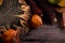 Dark moody rural still life with bright orange pumpkins, sunflower, physalis and colored autumn leaves. Autumnal composition on a