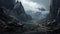 Dark Mountain Valley With Sharp Boulders And Rocks