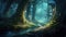 Dark mysterious dark forest with a magical water, fog and lanterns of light. Night fantasy forest