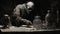 Dark And Mysterious Illustration Of An Old Man Examining Bottles And Jars