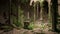 Dark mysterious ruin of a fantasy medieval temple overgrown with ivy. 3D illustration