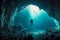 dark mysterious underwater cave diving to bottom of ocean
