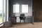 Dark office room interior with two empty posters, panoramic window