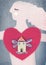 Dark pink heart with little house with wings on girl`s body