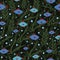 Dark plankton print seamless pattern, Blue fishes and random seaweed silhouettes. Black background with water bubbles