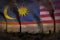 Dark pollution, fight against climate change concept - factory pipes dense smoke on Malaysia flag background - industrial 3D