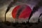 Dark pollution, fight against climate change concept - industrial 3D illustration of plant pipes dense smoke on Japan flag