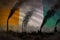 Dark pollution, fight against climate change concept - industrial chimneys dense smoke on Cote d Ivoire flag background -