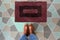 Dark Purple and Black Woolen Door mat with Brown shoes Welcome entry designer doormat