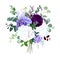 Dark purple garden rose, white and lilac hydrangea, violet iris,