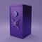 Dark purple Safe box on light purple background. Closed metallic safe box. Realistic metal safe. Close security magenta metal safe