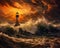 In the dark in a raging sea, a storm pnted oil style lighthouse shines.