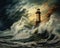 In the dark in a raging sea, a storm pnted oil style lighthouse shines.