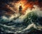 In the dark in a raging sea, a storm pnted oil style lighthouse shines.