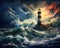 In the dark in a raging sea, a storm pnted oil style lighthouse shines.