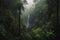 dark rainforest with misty waterfall visible in the background