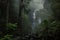 dark rainforest with misty waterfall visible in the background