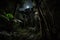 dark rainforest at night, with the moon shining through the towering canopy