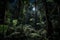 dark rainforest at night, with the moon shining through the towering canopy