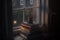 Dark rainy day with lantern, old vintage books on a windowsill, AI Generated