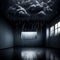 Dark, rainy storm cloud in an empty dark room - ai generated image