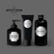 Dark Realistic Cosmetic Bottles Set. Product Packaging Design with Vintage Labels. Black Plastic Container Mockup