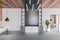 Dark reception desk front view in open space hall, wooden ceiling and white walls