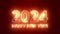 On a dark red background, an inscription appears glowing yellow 2024 Happy New Year . Animation of congratulations on