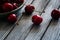 Dark red cherries on gray wooden background