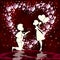 Dark red design with silhouette of heart, boy and girl