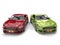 Dark red and metallic green muscle cars - side by side - top view