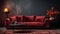 Dark Red Sofa with a Dark Gray Empty Wall Behind Persian Rug on Floor Lux Side Table Living Room Background