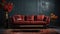 Dark Red Sofa with a Dark Gray Empty Wall Behind Persian Rug on Floor Lux Side Table Living Room Background