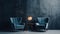 Dark room with accents. Blue navy armchairs. Trendy modern interior design mockup.