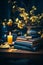 Dark room decorated with stack of books and yellow flowers and candle lights. Dark and moody room