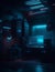 dark room with film studio, computers, with spotlights, cyberpunk style illustration